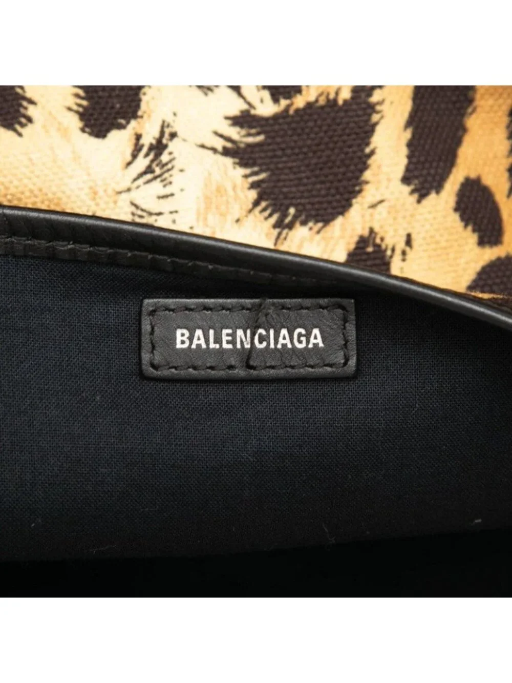 Balenciaga Navy Cabas S Tote Bag Leopard Print Brown Canvas Leather